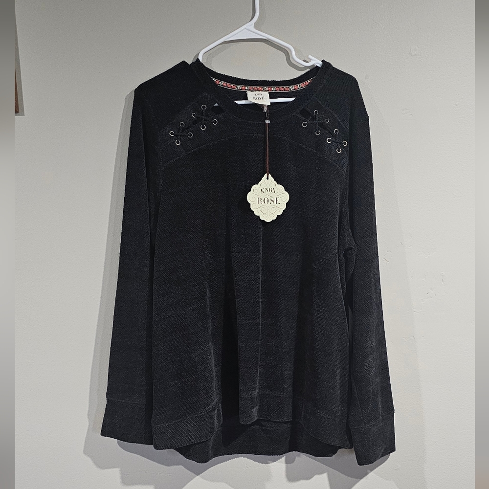 Knox Rose Black Chenille Sweater Lace Up Detail Womens Size XXL